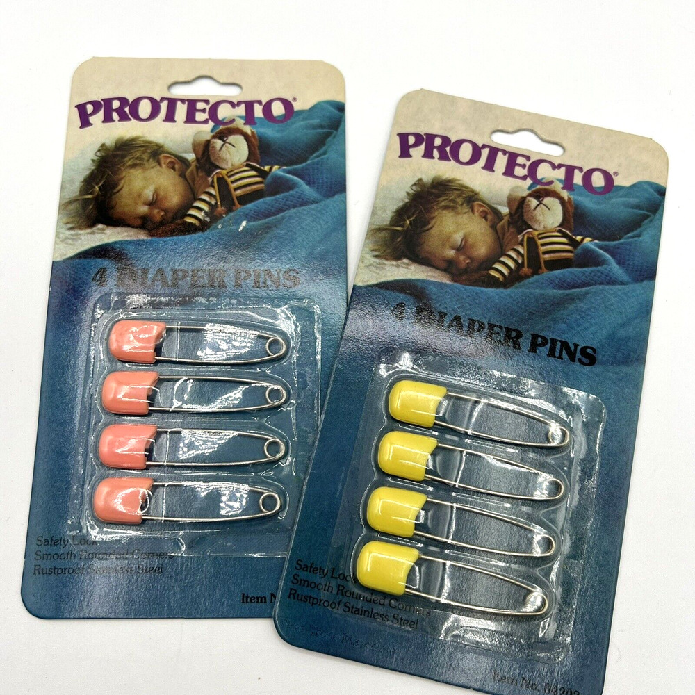 Vintage Protecto 4ct Yellow & 4ct Pink Diaper Pins Safety Lock Cloth Diaper Pins